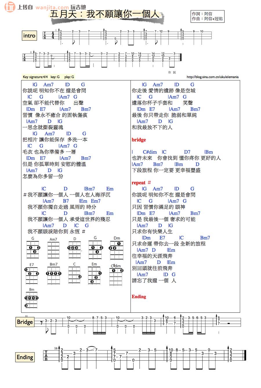 《我不愿让你一个人吉他谱》_五月天_未知调_吉他图片谱1张 图1