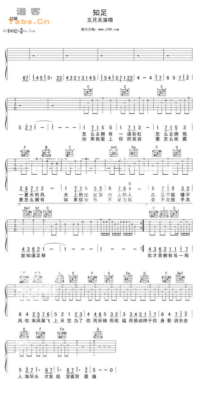 《知足 经典简版吉他谱》_五月天_未知调_吉他图片谱1张 图1