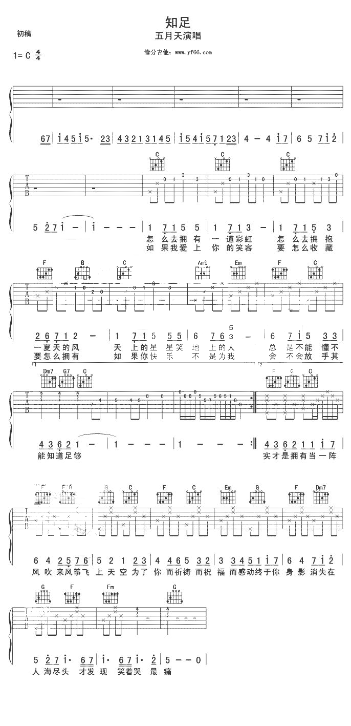 《知足吉他谱》_五月天_未知调_吉他图片谱1张 图1