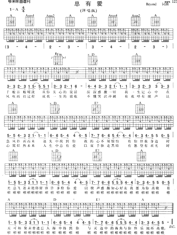 《总有爱吉他谱》_Beyond_未知调_吉他图片谱1张 图1