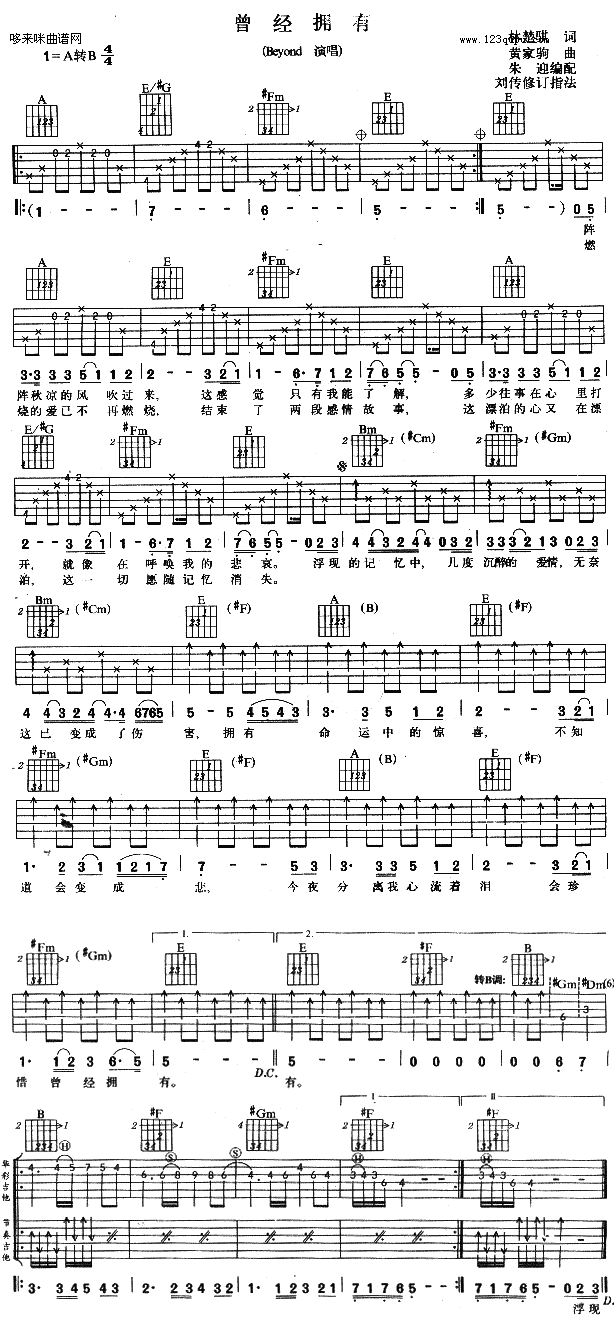 《曾经拥有吉他谱》_Beyond_未知调_吉他图片谱1张 图1