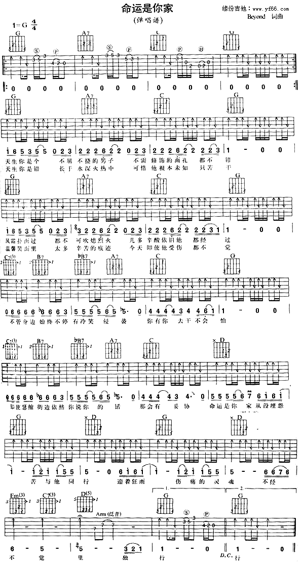 《命运是你家吉他谱》_Beyond_未知调_吉他图片谱1张 图1