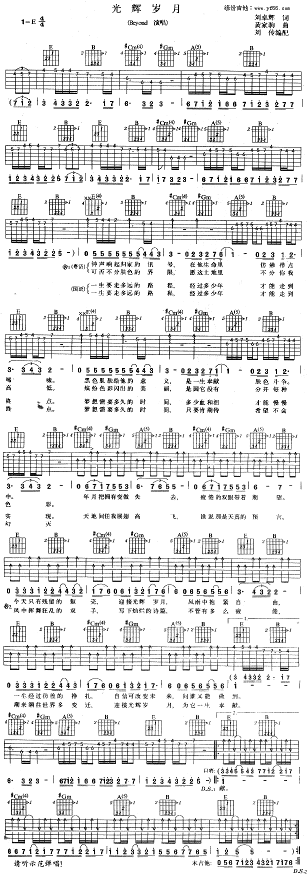 《光辉岁月吉他谱》_Beyond_未知调_吉他图片谱1张 图1
