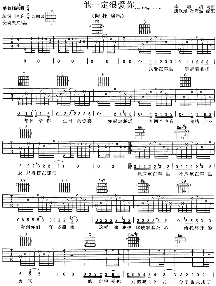 《他一定很爱你吉他谱》_阿杜_未知调_吉他图片谱2张 图1