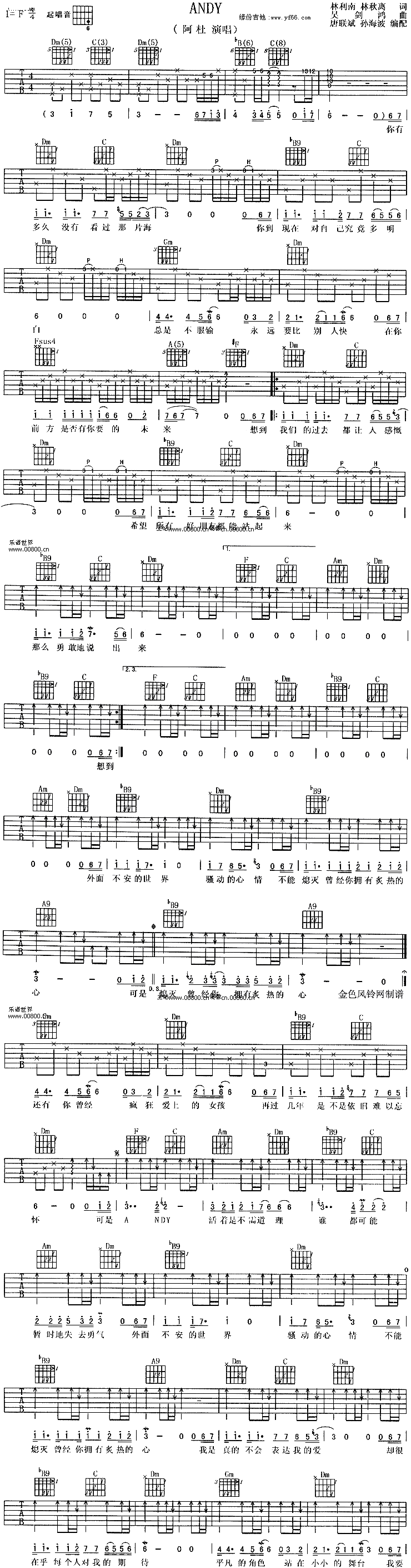 《Andy吉他谱》_阿杜_未知调_吉他图片谱1张 图1