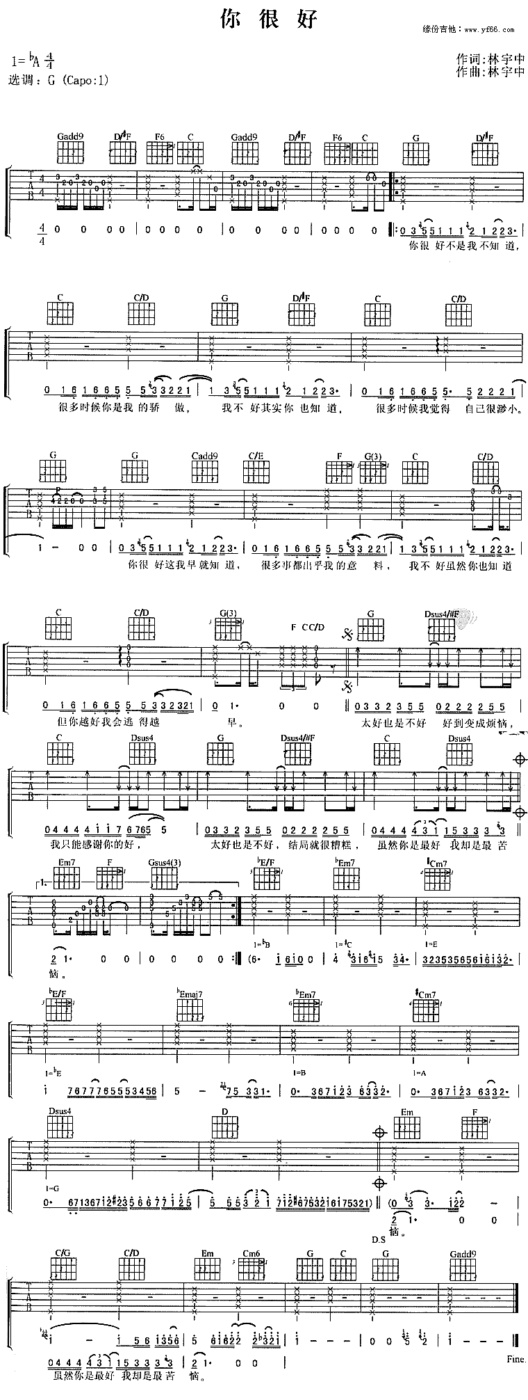 《你很好吉他谱》_阿杜_未知调_吉他图片谱1张 图1