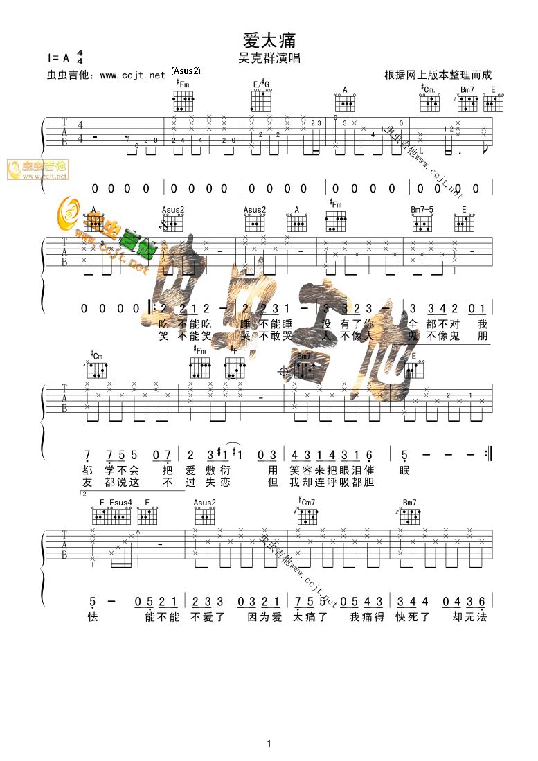 《爱太痛吉他谱》_吴克群_未知调_吉他图片谱2张 图1