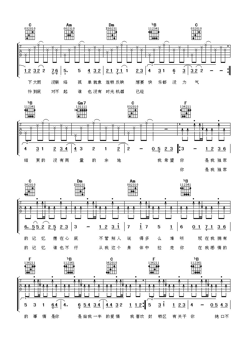 《独家记忆吉他谱》_陈小春_未知调_吉他图片谱2张 图2