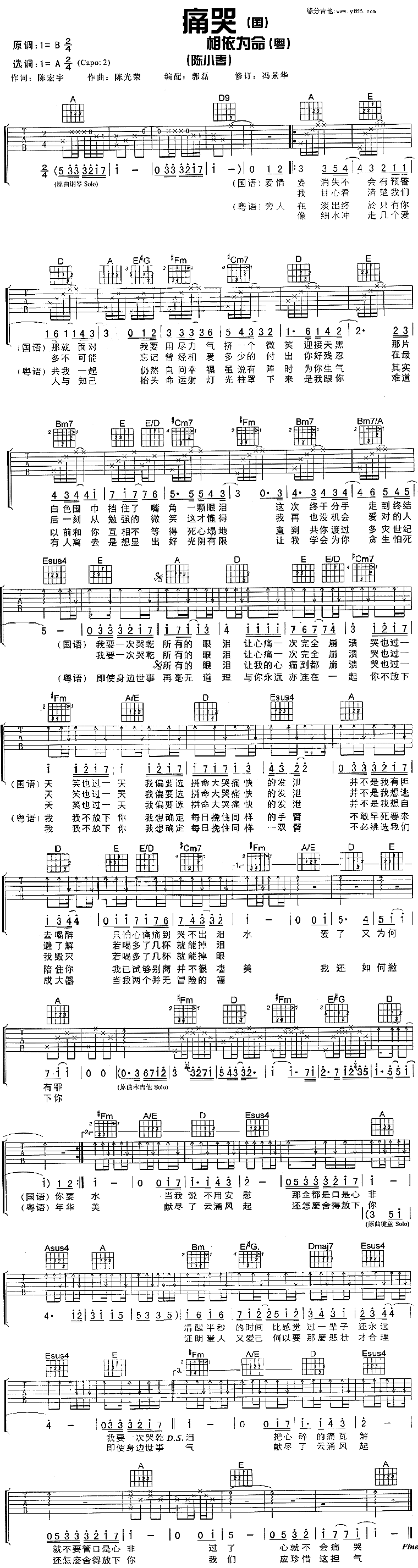 《痛哭吉他谱》_陈小春_未知调_吉他图片谱1张 图1