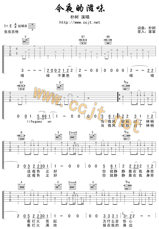 《今夜的滋味吉他谱》_朴树_未知调_吉他图片谱2张 图1