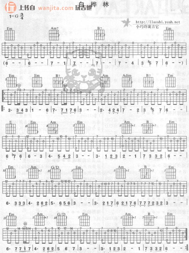 《白桦林指弹吉他谱》_朴树_未知调_吉他图片谱1张 图1