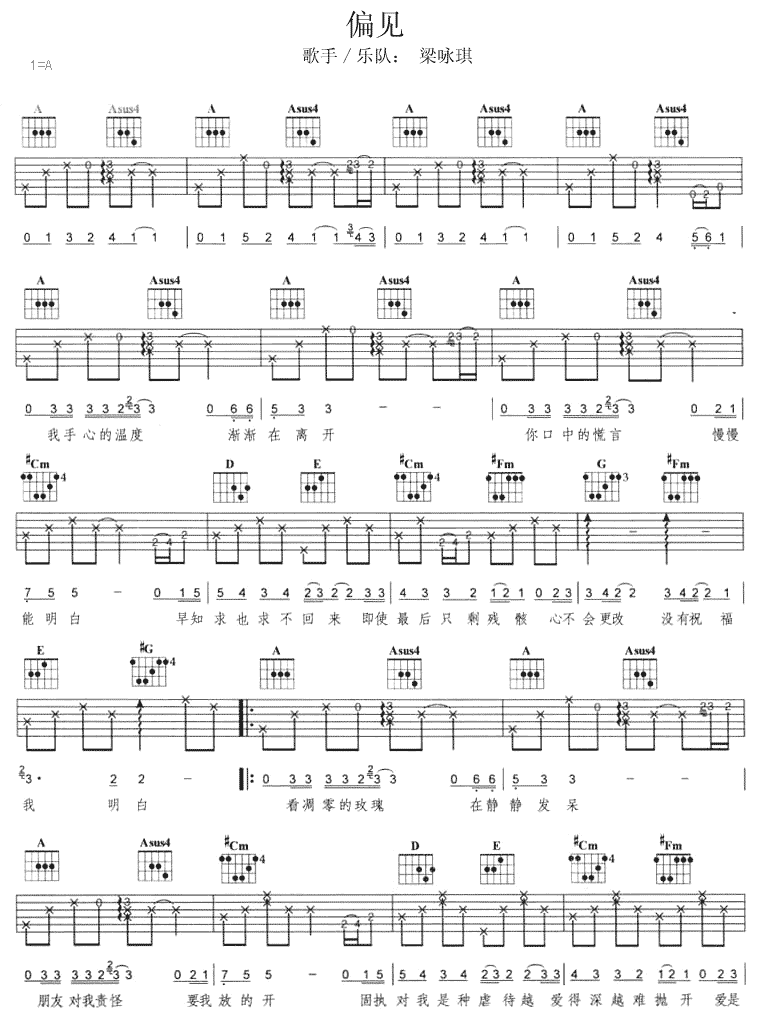 《偏见吉他谱》_梁咏琪_未知调_吉他图片谱2张 图1