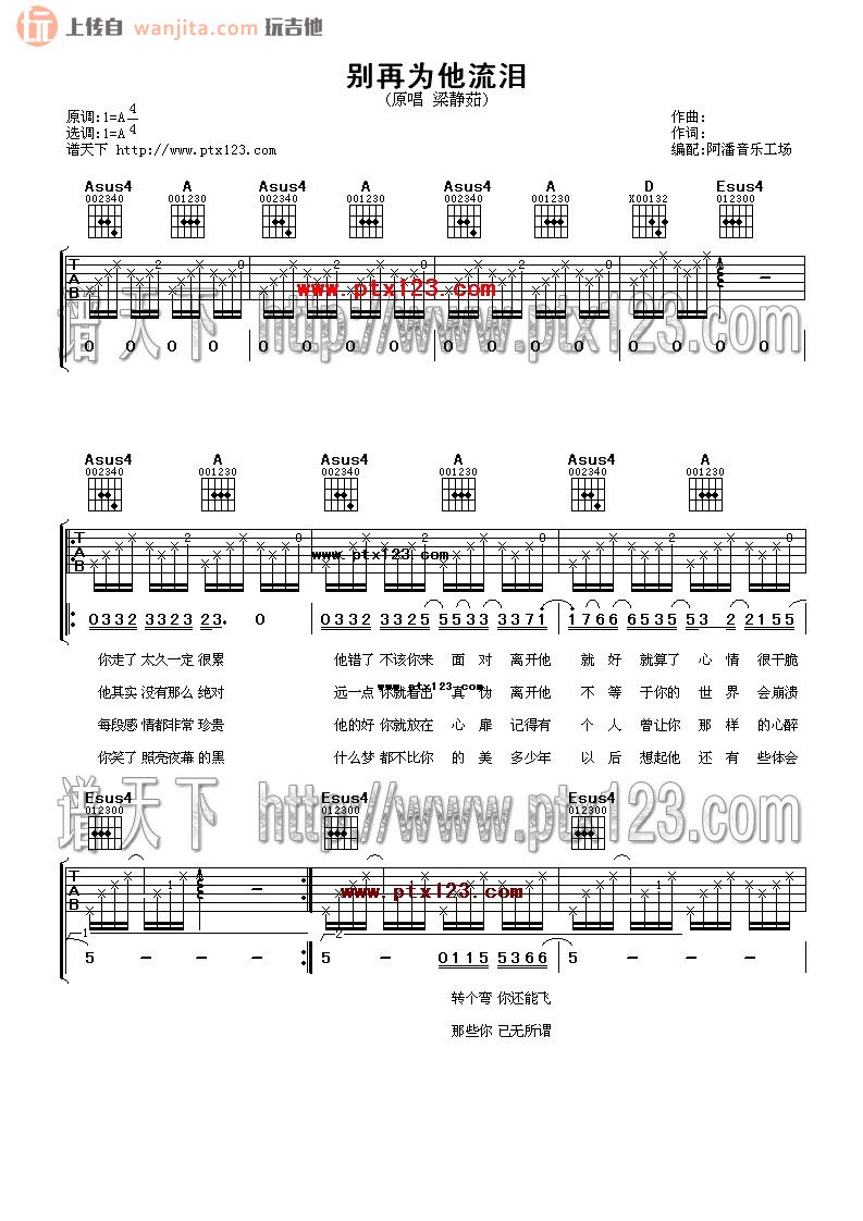 《别再为他流泪吉他谱》_梁静茹_未知调_吉他图片谱2张 图1