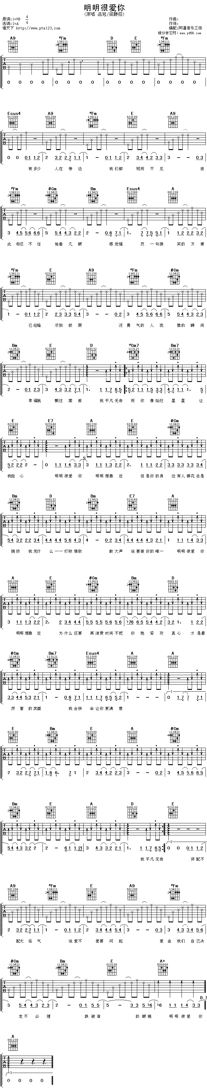 《明明很爱你吉他谱》_梁静茹_未知调_吉他图片谱1张 图1