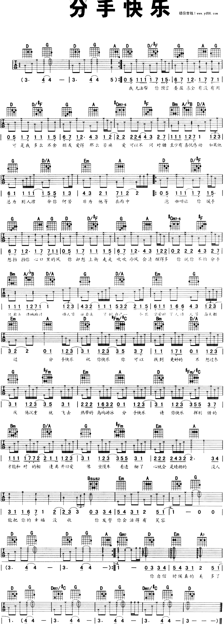 《分手快乐吉他谱》_梁静茹_未知调_吉他图片谱1张 图1
