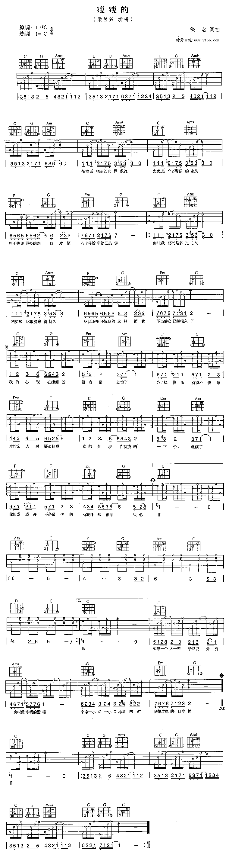 《瘦瘦的吉他谱》_梁静茹_未知调_吉他图片谱1张 图1