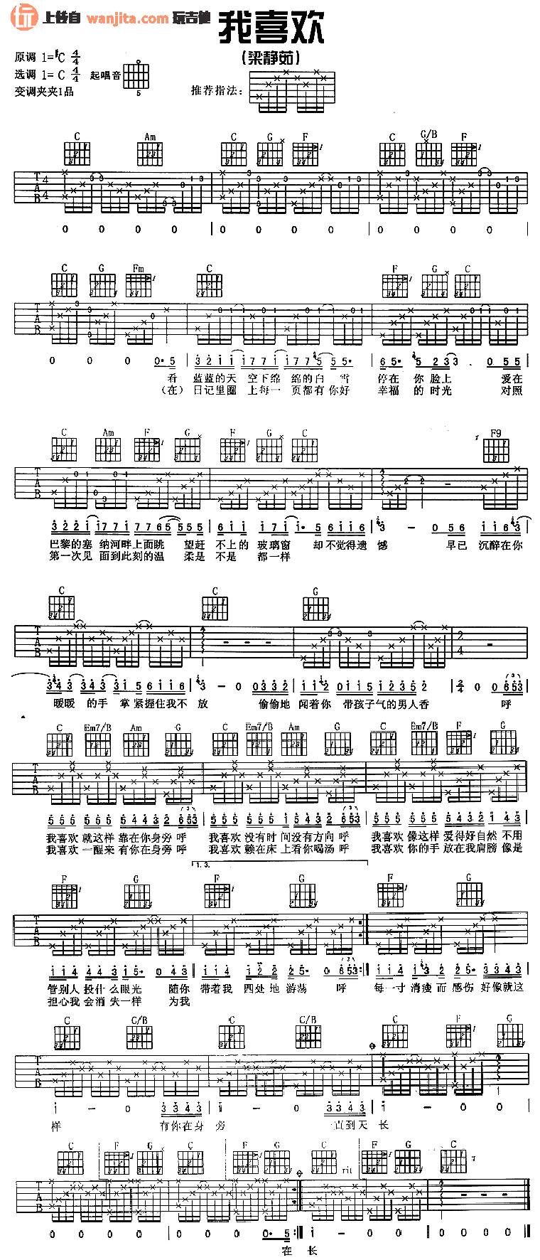 《我喜欢吉他谱》_梁静茹_未知调_吉他图片谱1张 图1