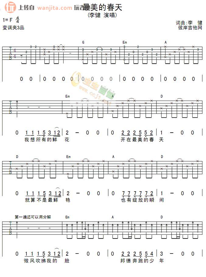 《最美的春天吉他谱》_李健_未知调_吉他图片谱2张 图1