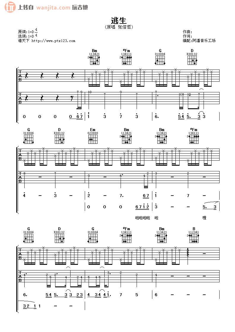 《逃生吉他谱》_张信哲_未知调_吉他图片谱2张 图1