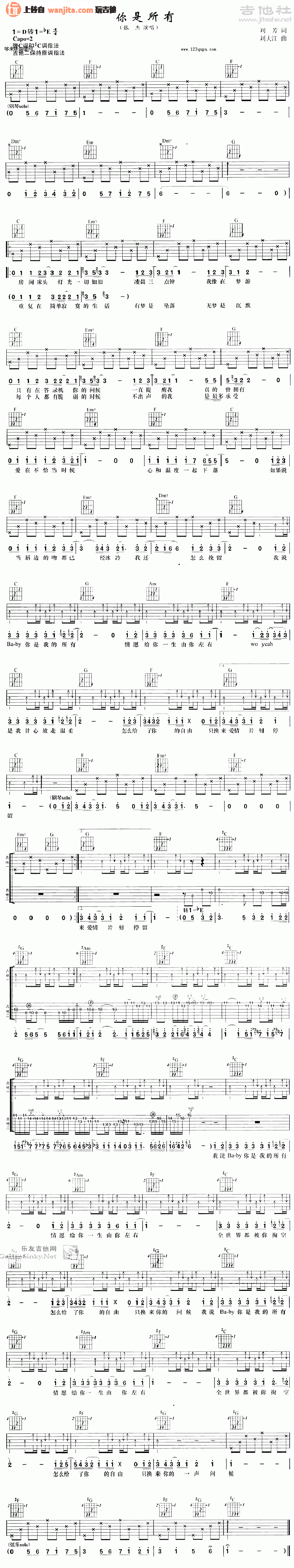 《你是所有吉他谱》_张杰_未知调_吉他图片谱1张 图1