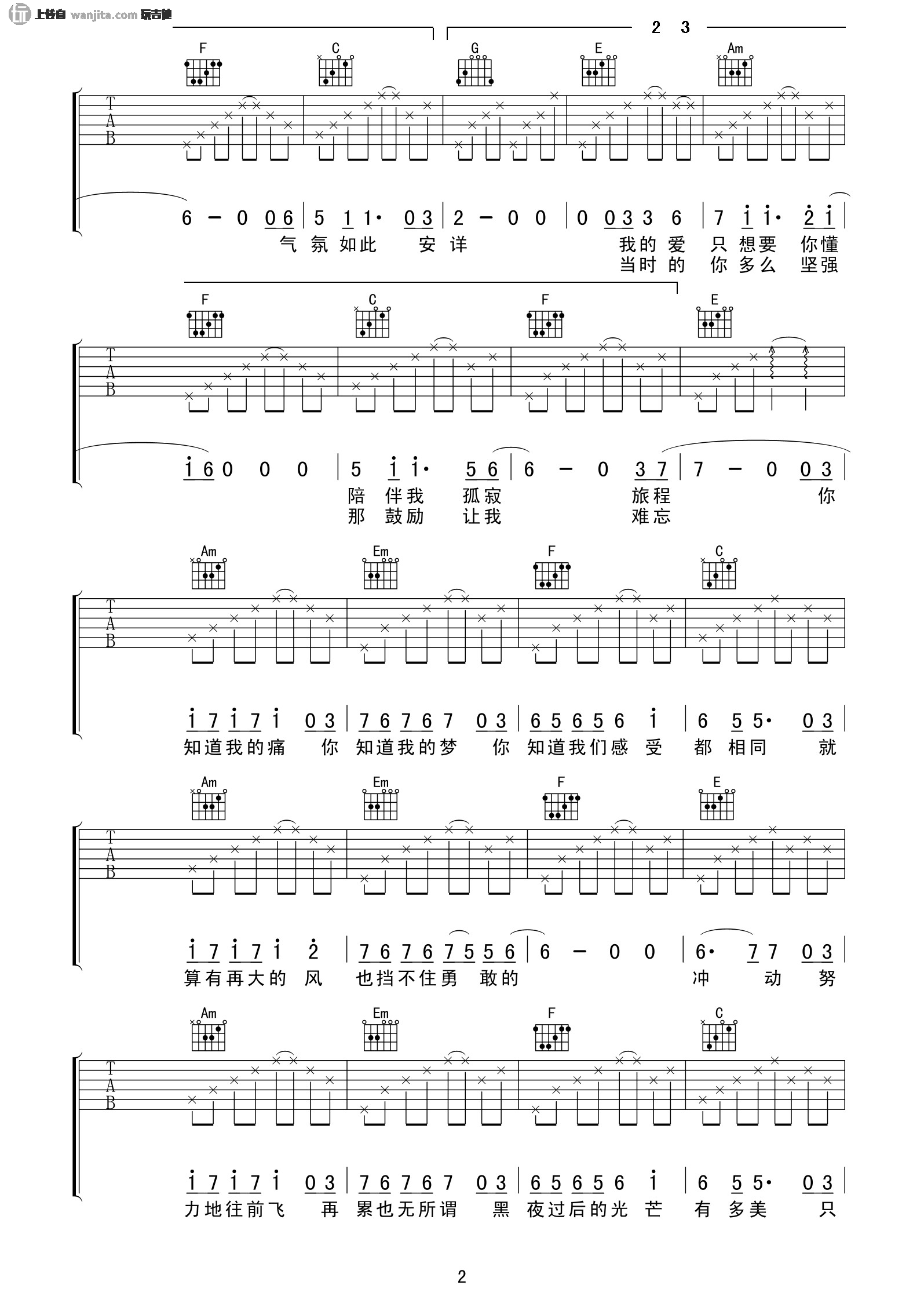 《我们都一样吉他谱》_张杰_未知调_吉他图片谱2张 图2
