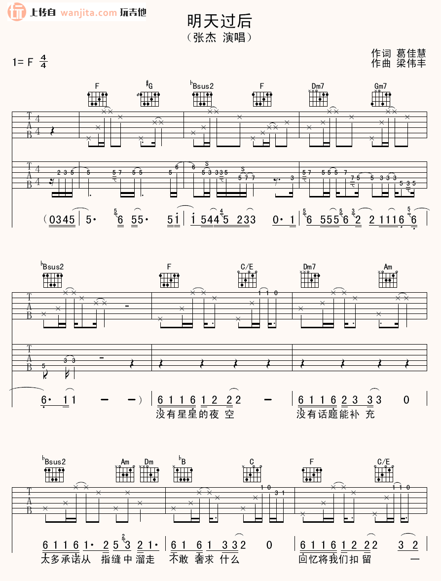 《明天过后吉他谱》_张杰_未知调_吉他图片谱2张 图1