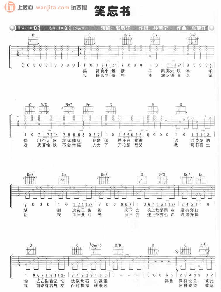 《笑忘书吉他谱》_张敬轩_未知调_吉他图片谱2张 图1