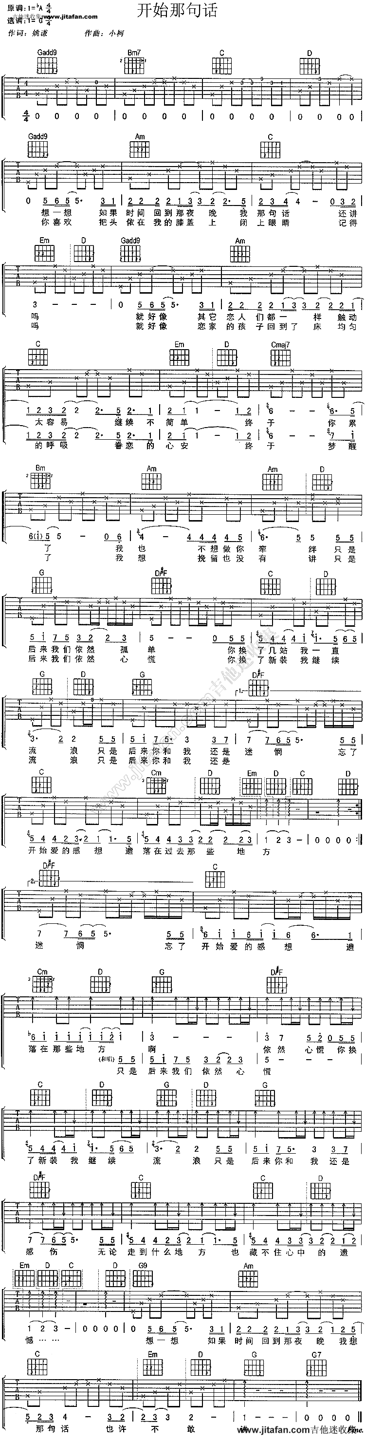 《开始的那句话吉他谱》_刘若英_未知调_吉他图片谱1张 图1