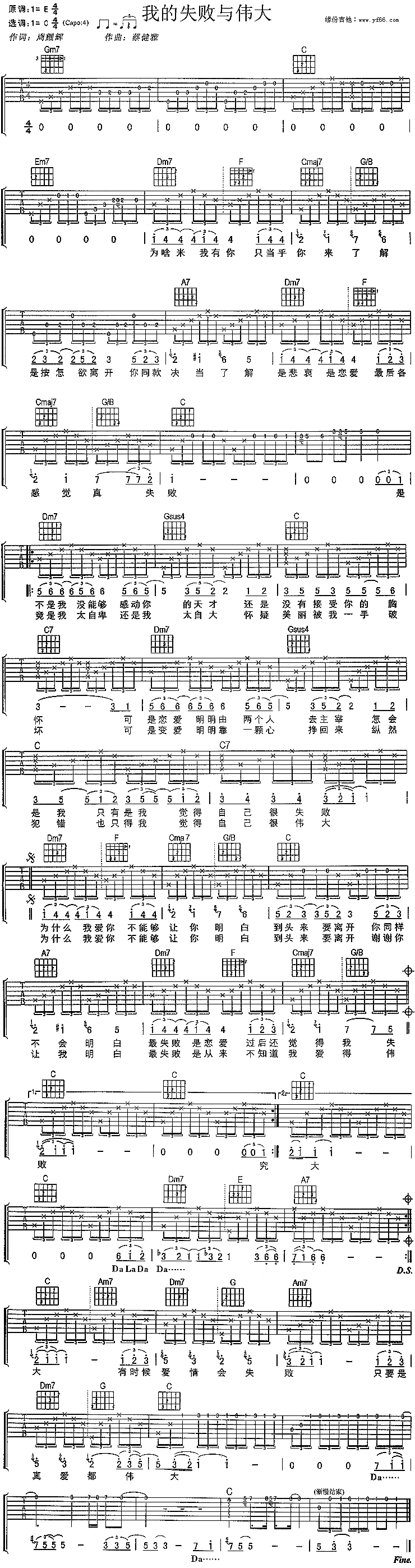 《我的失败与伟大吉他谱》_刘若英_未知调_吉他图片谱1张 图1