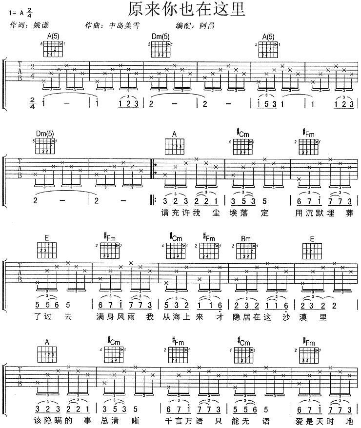 《原来你也在这里吉他谱》_刘若英_未知调_吉他图片谱2张 图1