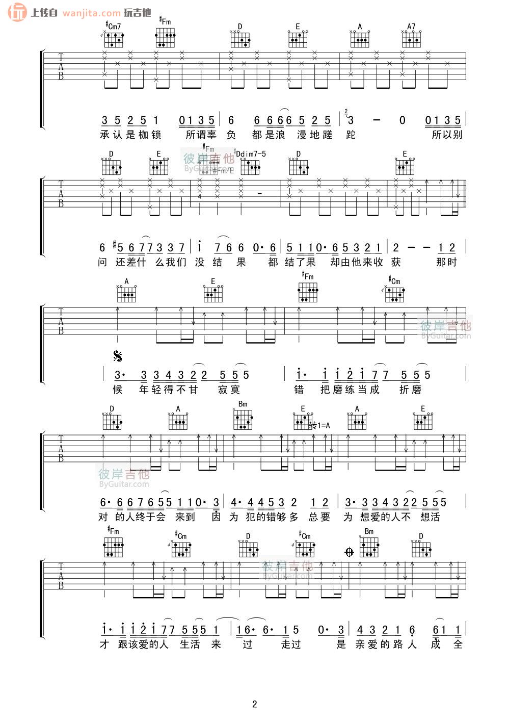 《亲爱的路人吉他谱》_刘若英_未知调_吉他图片谱2张 图2