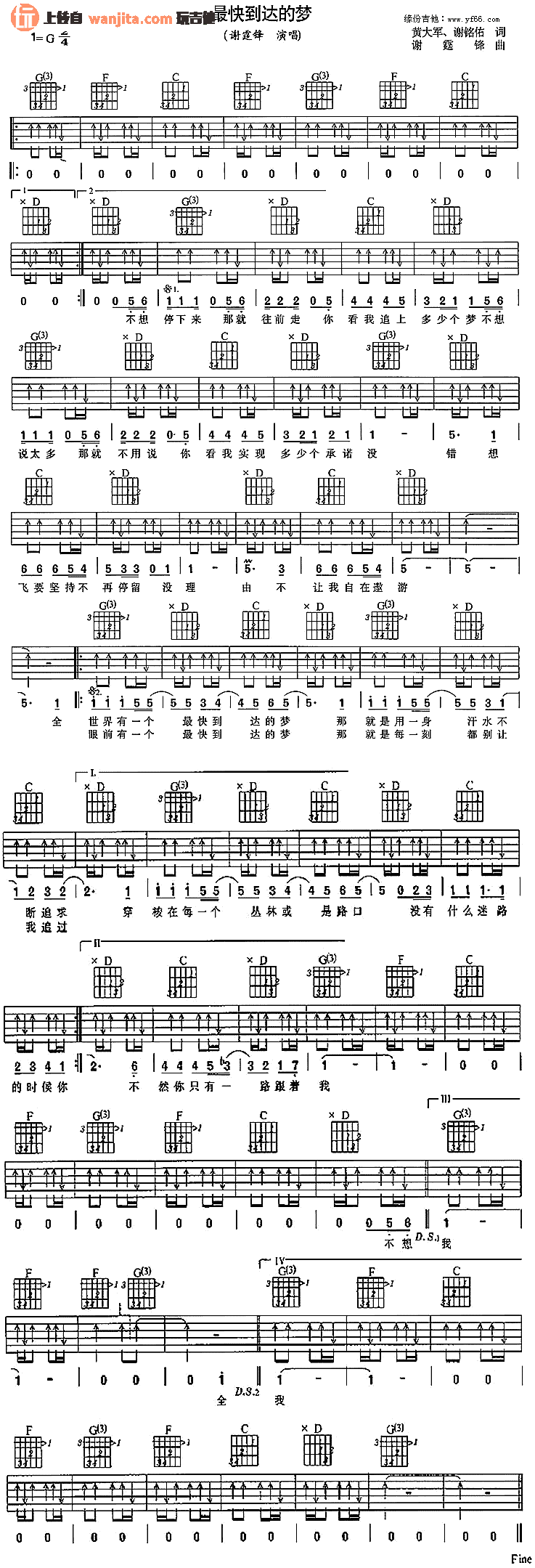 《最快到达的梦吉他谱》_谢霆锋_未知调_吉他图片谱1张 图1