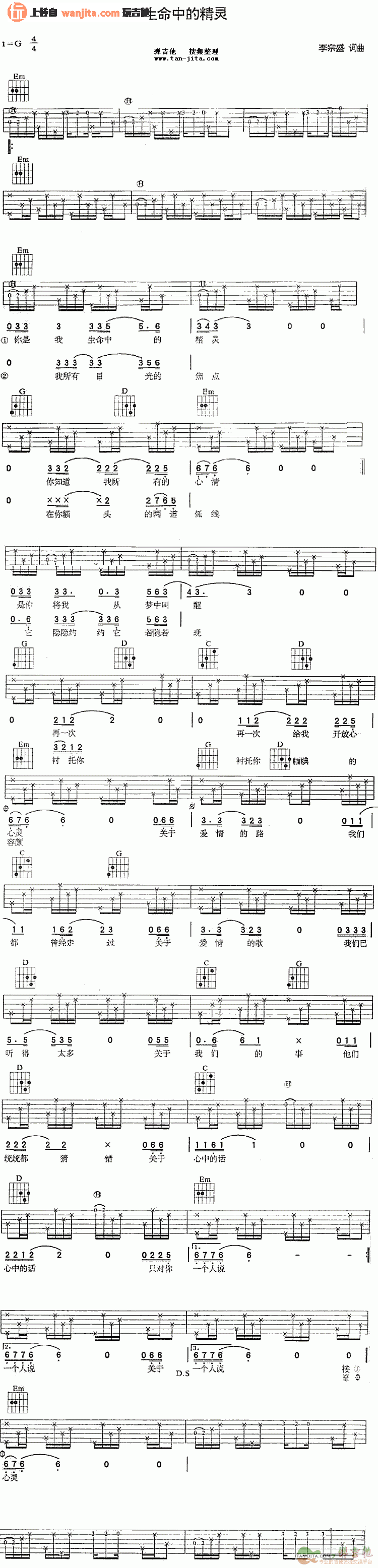 《生命中的精灵吉他谱》_李宗盛_未知调_吉他图片谱1张 图1