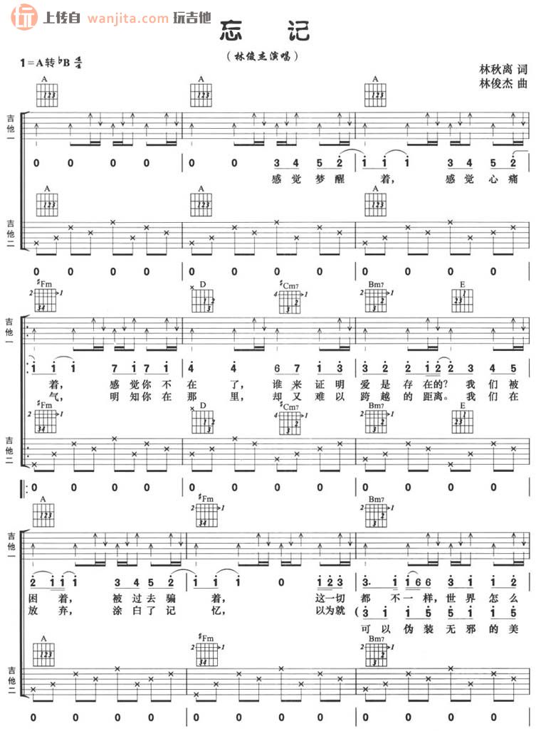 《忘记吉他谱》_林俊杰_未知调_吉他图片谱2张 图1