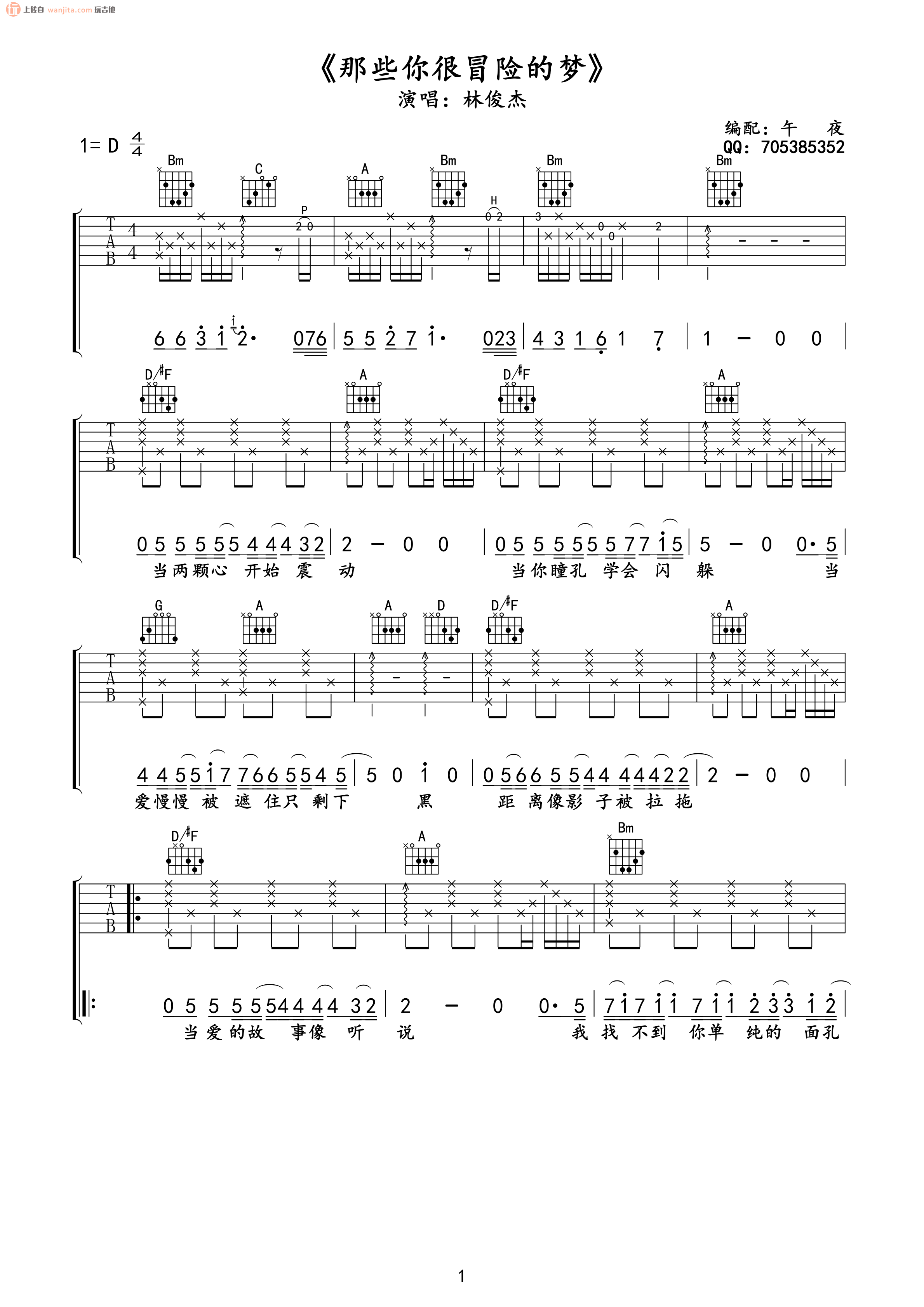《那些你很冒险的梦吉他谱》_林俊杰_未知调_吉他图片谱2张 图1
