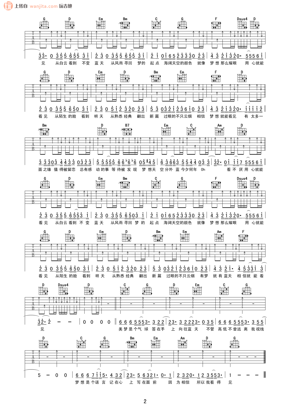 《梦想天空分外蓝吉他谱》_陈奕迅_未知调_吉他图片谱2张 图2