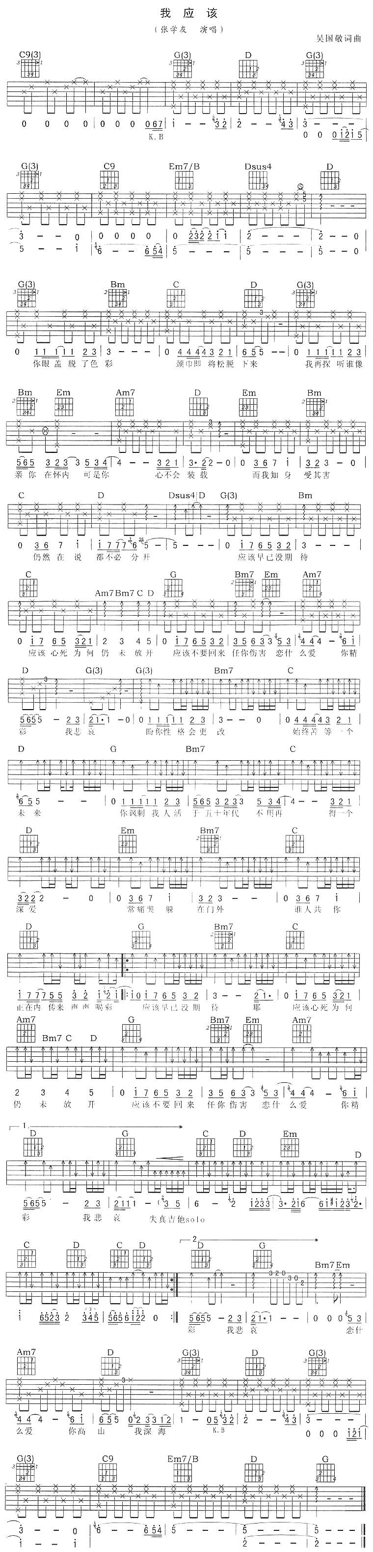 《我应该吉他谱》_张学友_未知调_吉他图片谱1张 图1