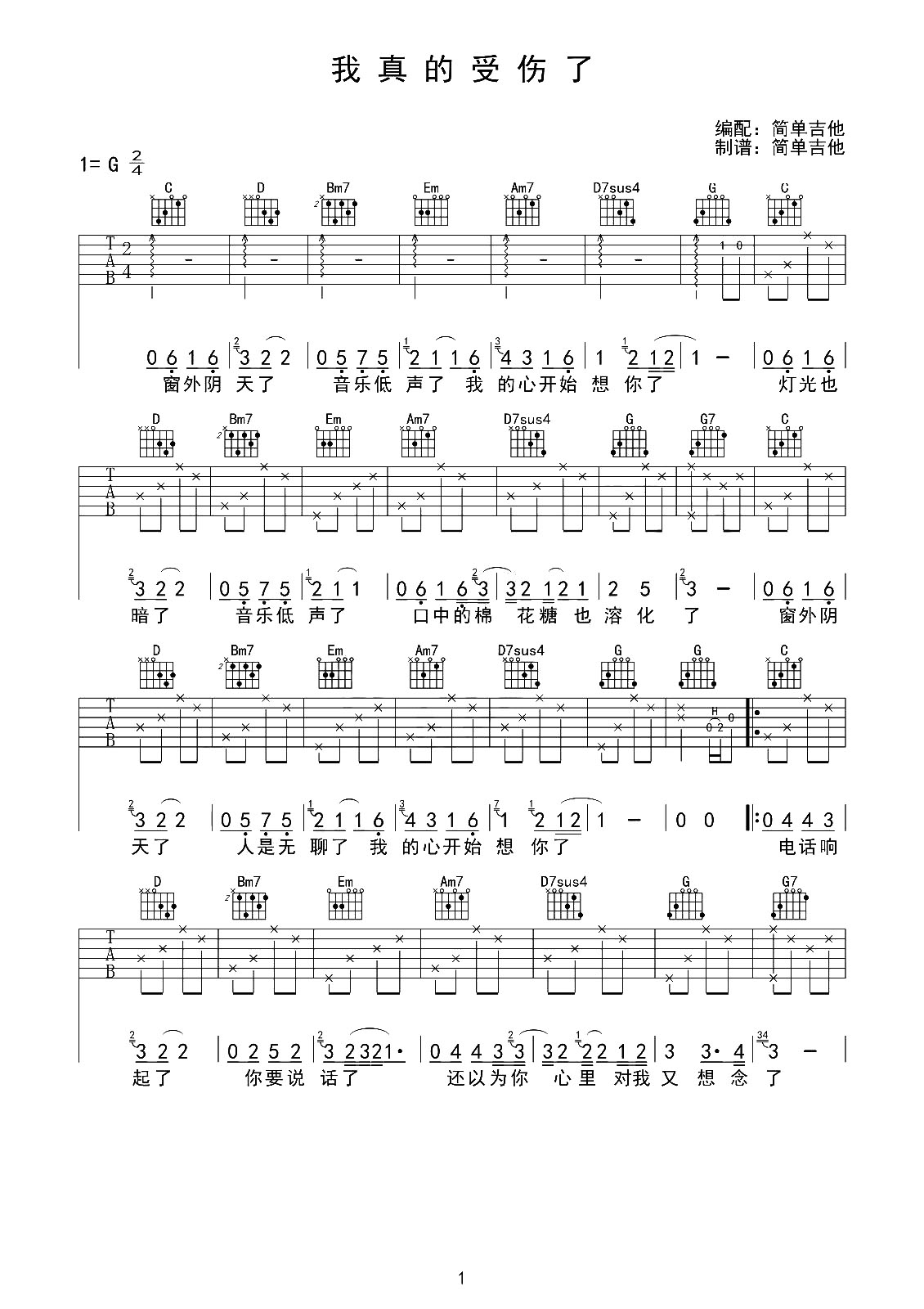 《我真的受伤了吉他谱》_张学友_未知调_吉他图片谱2张 图1
