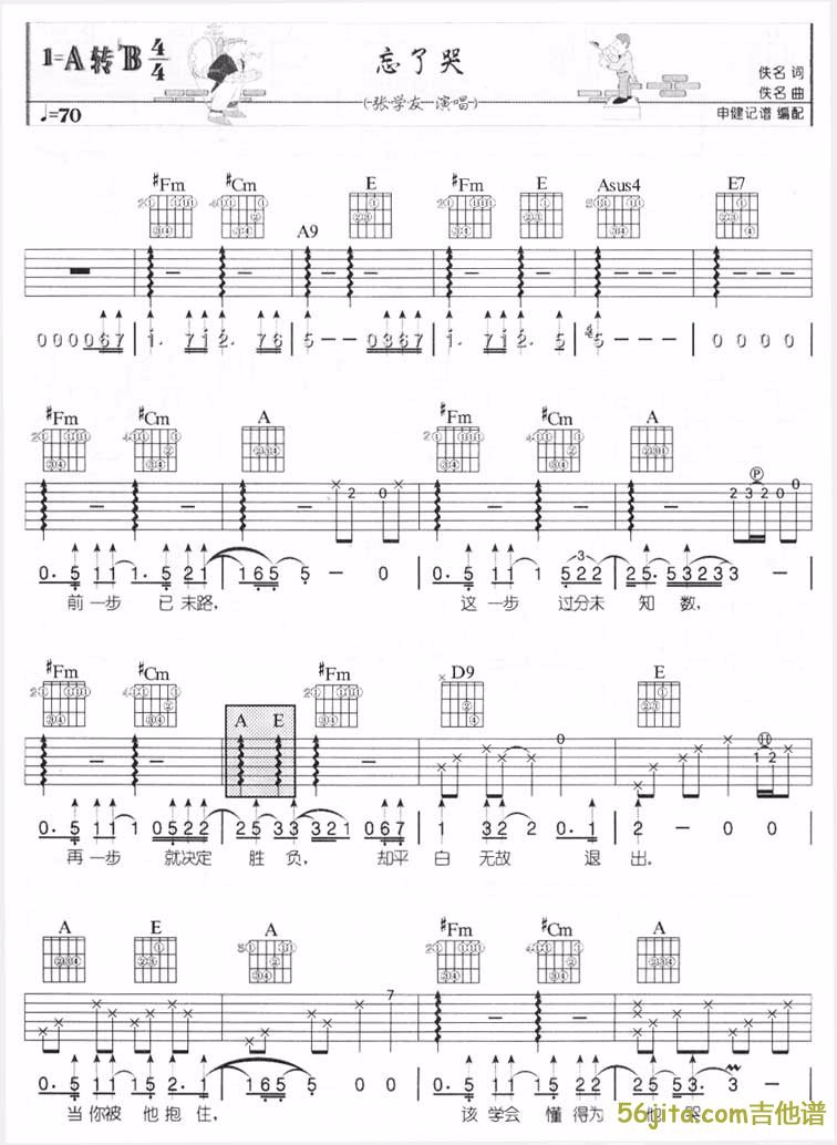 《忘了哭吉他谱》_张学友_未知调_吉他图片谱2张 图1