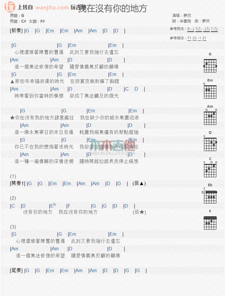 《我在没有你的地方吉他谱》_梦然_未知调_吉他图片谱1张 图1