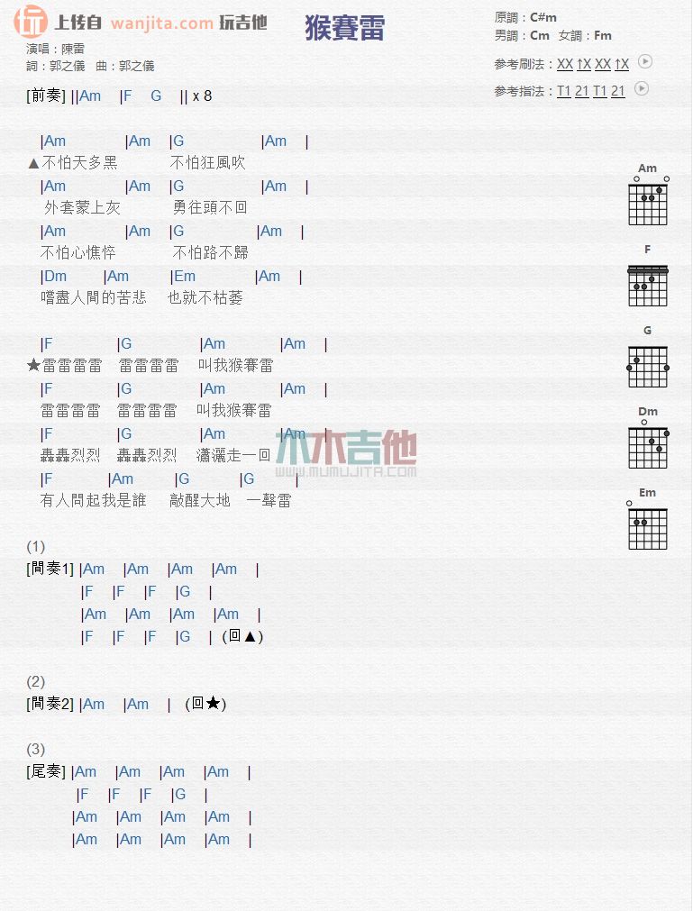 《猴赛雷吉他谱》_陈雷_未知调_吉他图片谱1张 图1