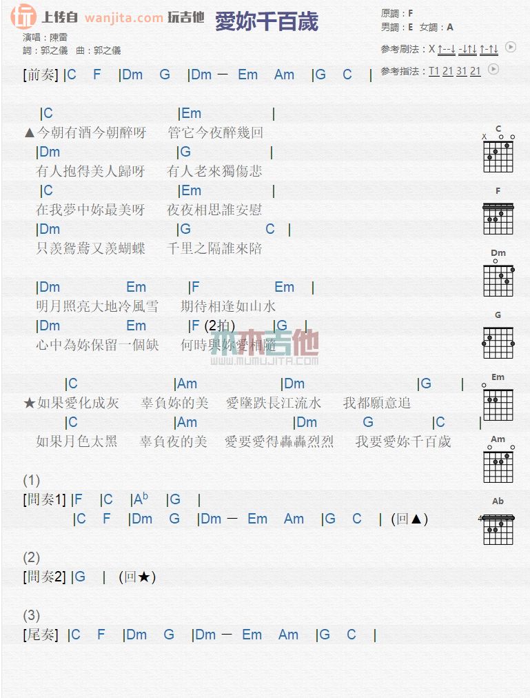 《爱你千百岁吉他谱》_陈雷_未知调_吉他图片谱1张 图1