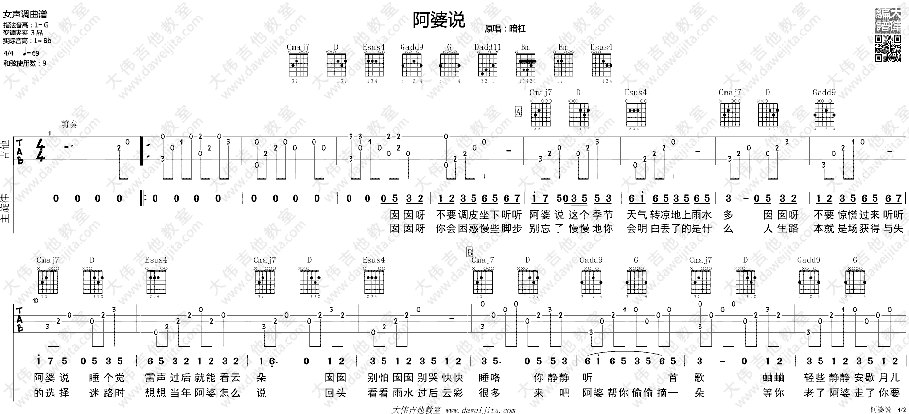 《阿婆说吉他谱》_陈一发儿_G调_吉他图片谱2张 图1