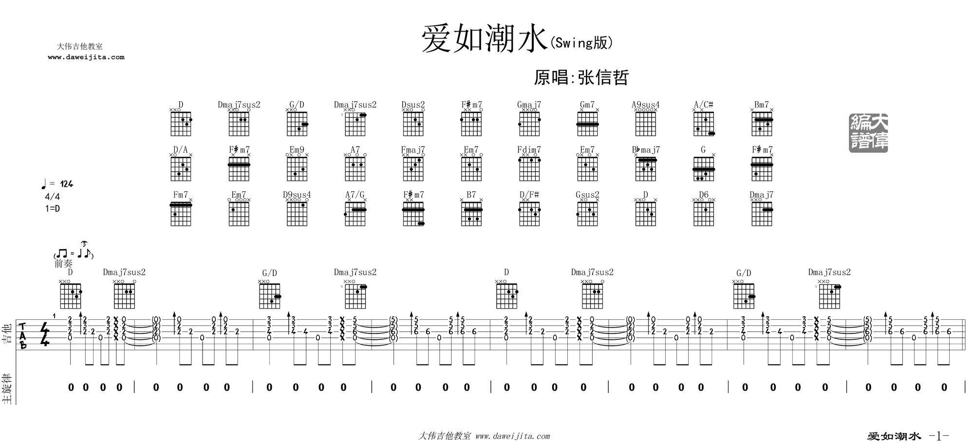 《爱如潮水吉他谱》_张信哲_D调_吉他图片谱2张 图1