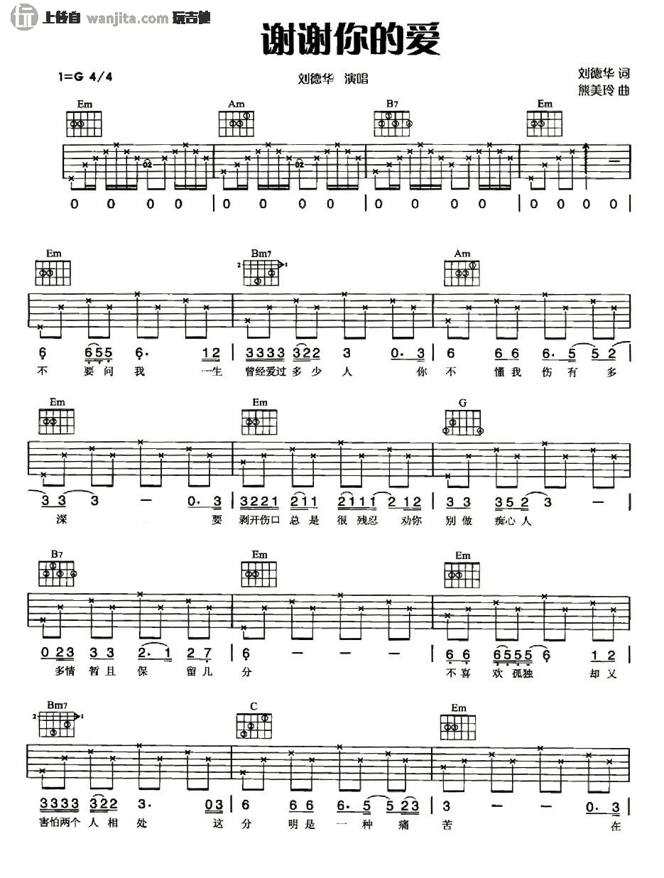 《谢谢你的爱吉他谱》_刘德华_未知调_吉他图片谱2张 图1