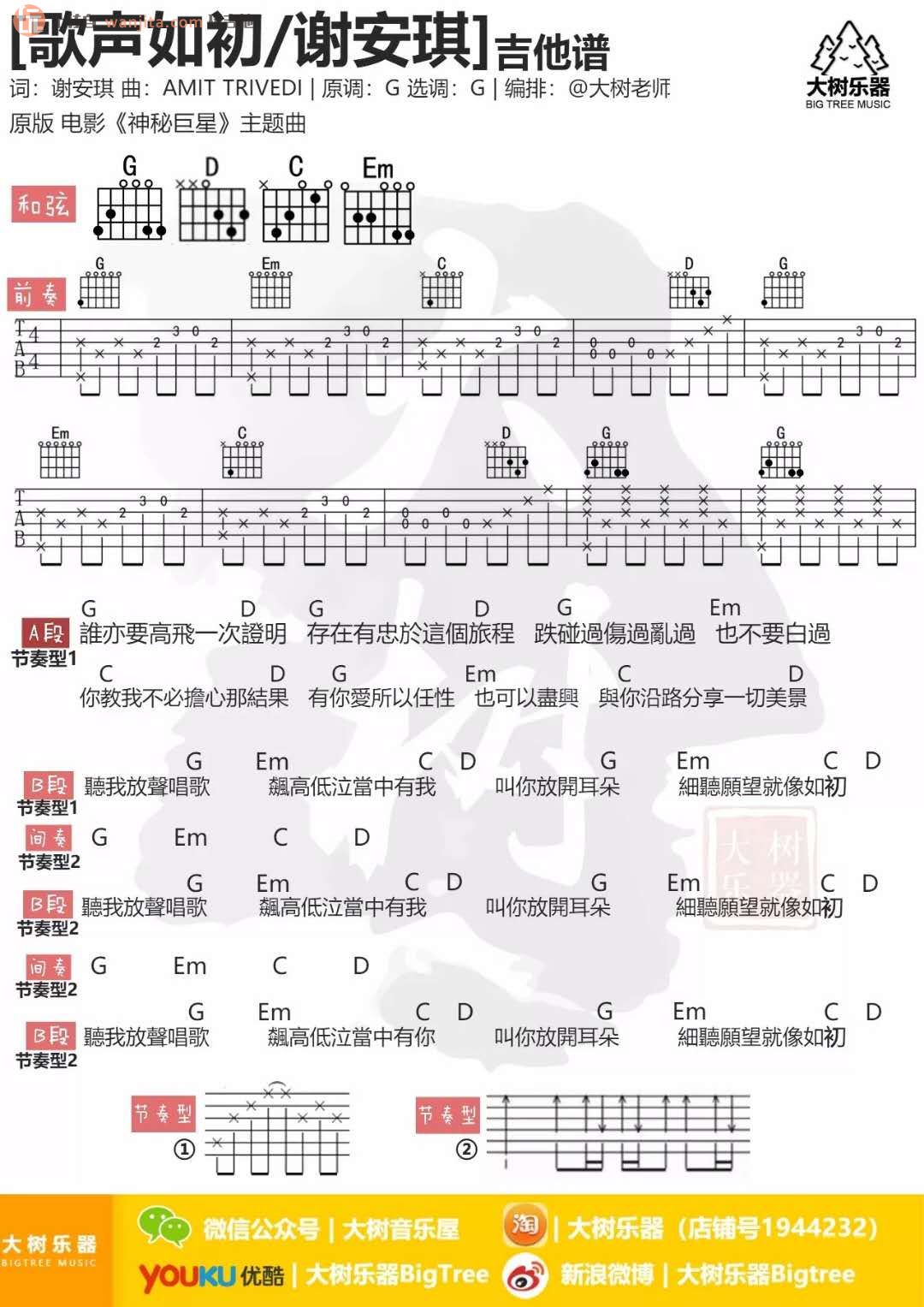 《歌声如初吉他谱》_谢安琪_未知调_吉他图片谱1张 图1