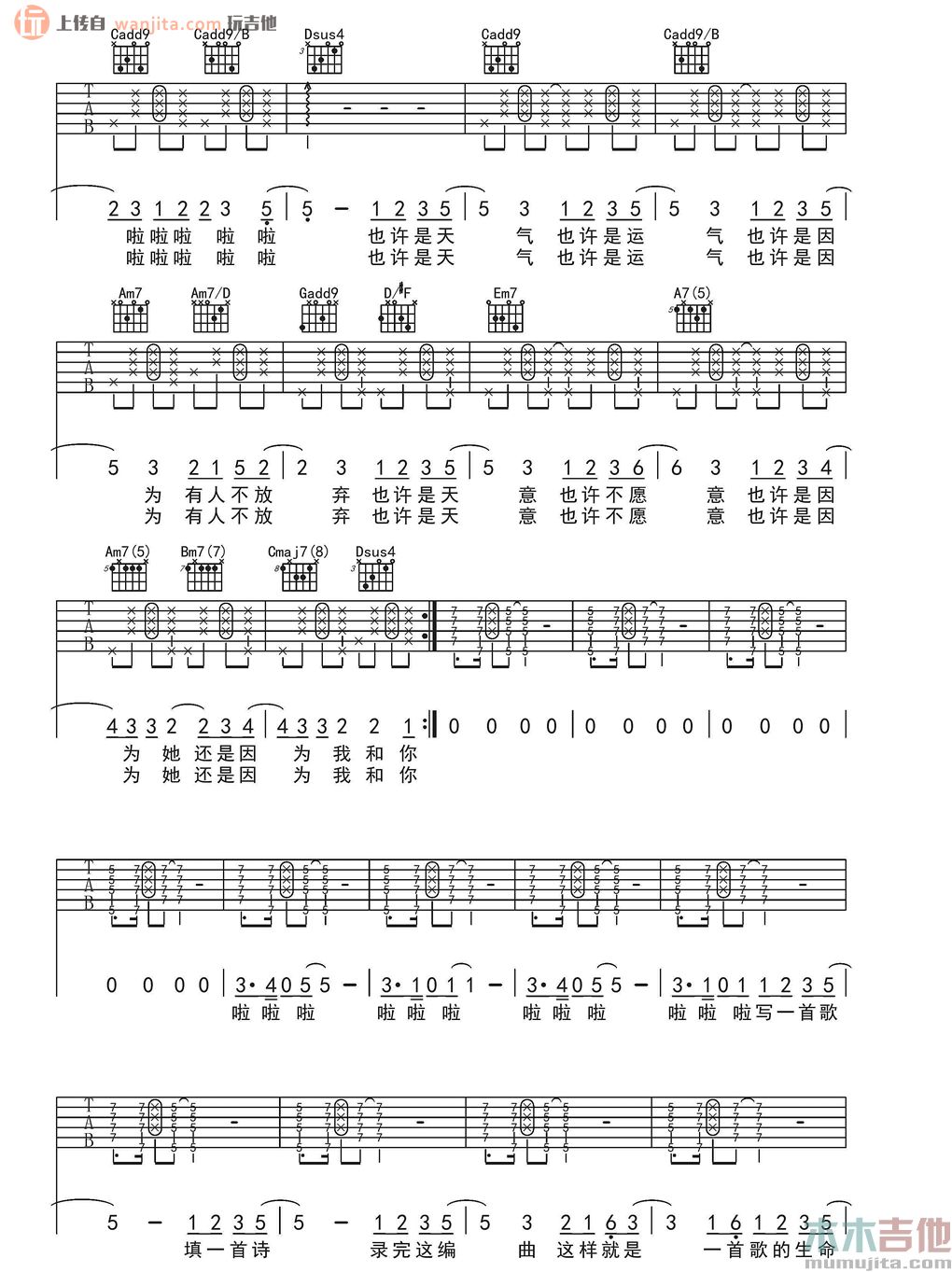 《因为你吉他谱》_方大同_未知调_吉他图片谱2张 图2