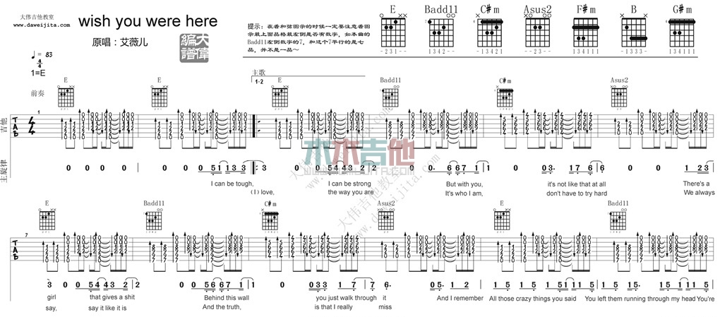 《Wish You Were Here吉他谱》_Avril_未知调_吉他图片谱2张 图1