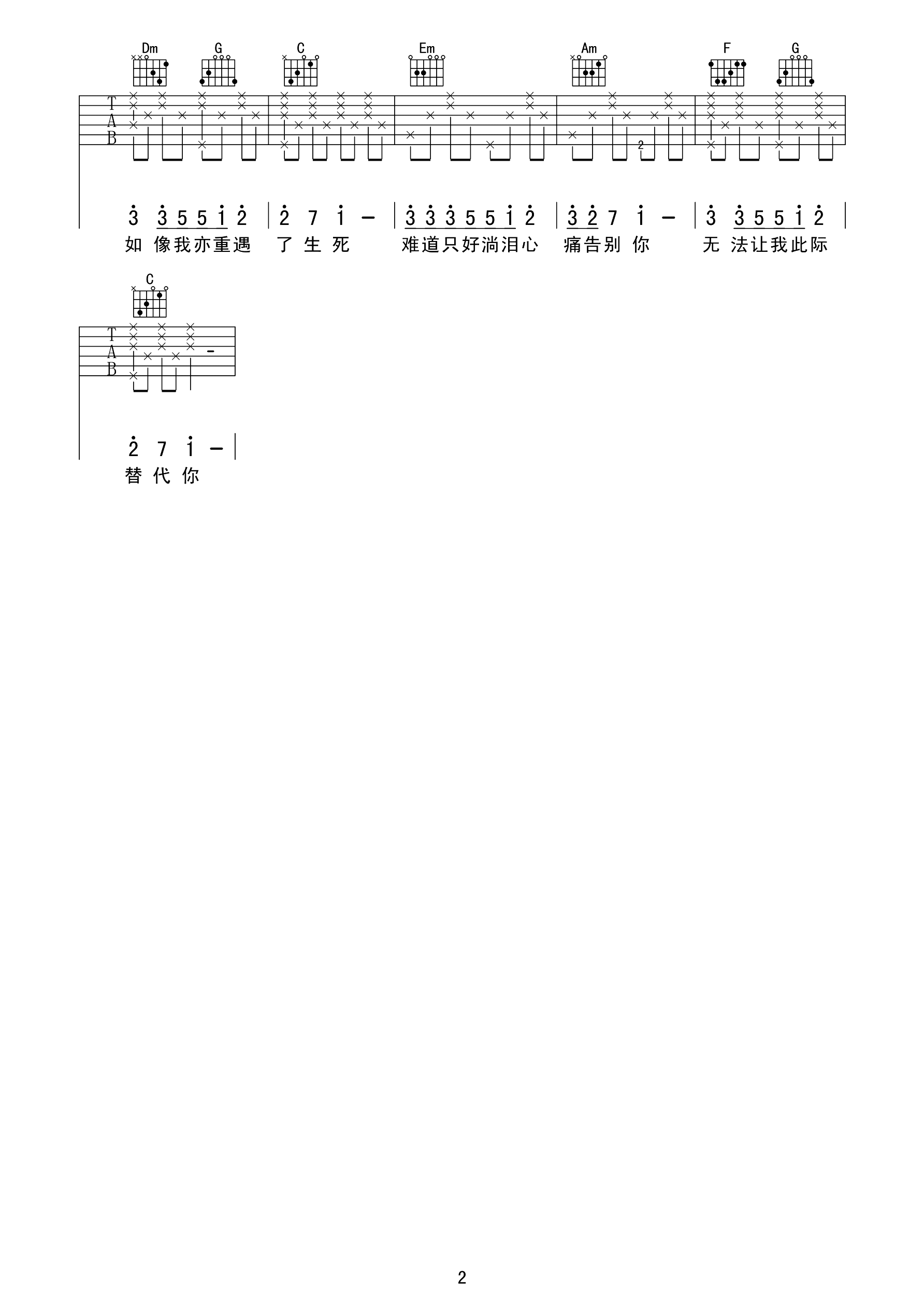 《甘心替代你吉他谱》_郑伊健_C调_吉他图片谱2张 图2