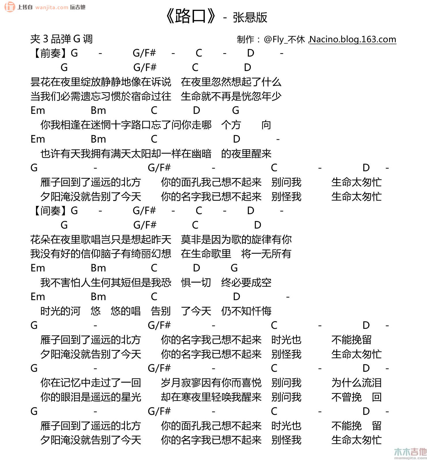 《路口吉他谱》_张悬_未知调_吉他图片谱1张 图1